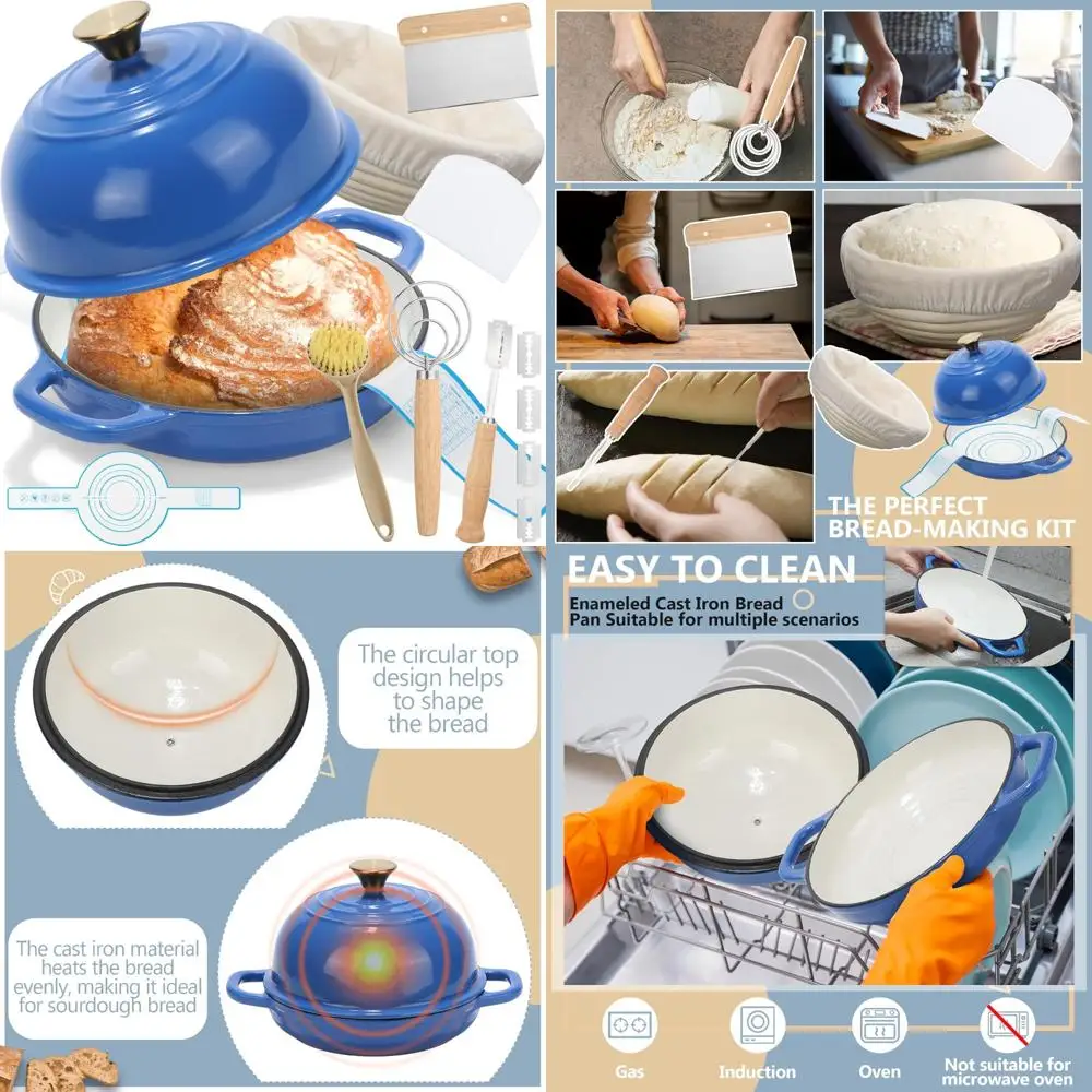 

Enameled Cast Iron Dutch Oven with Lid for Sourdough Baking - 8 Piece Set Including Bread Proofing Basket and Baking Accessories