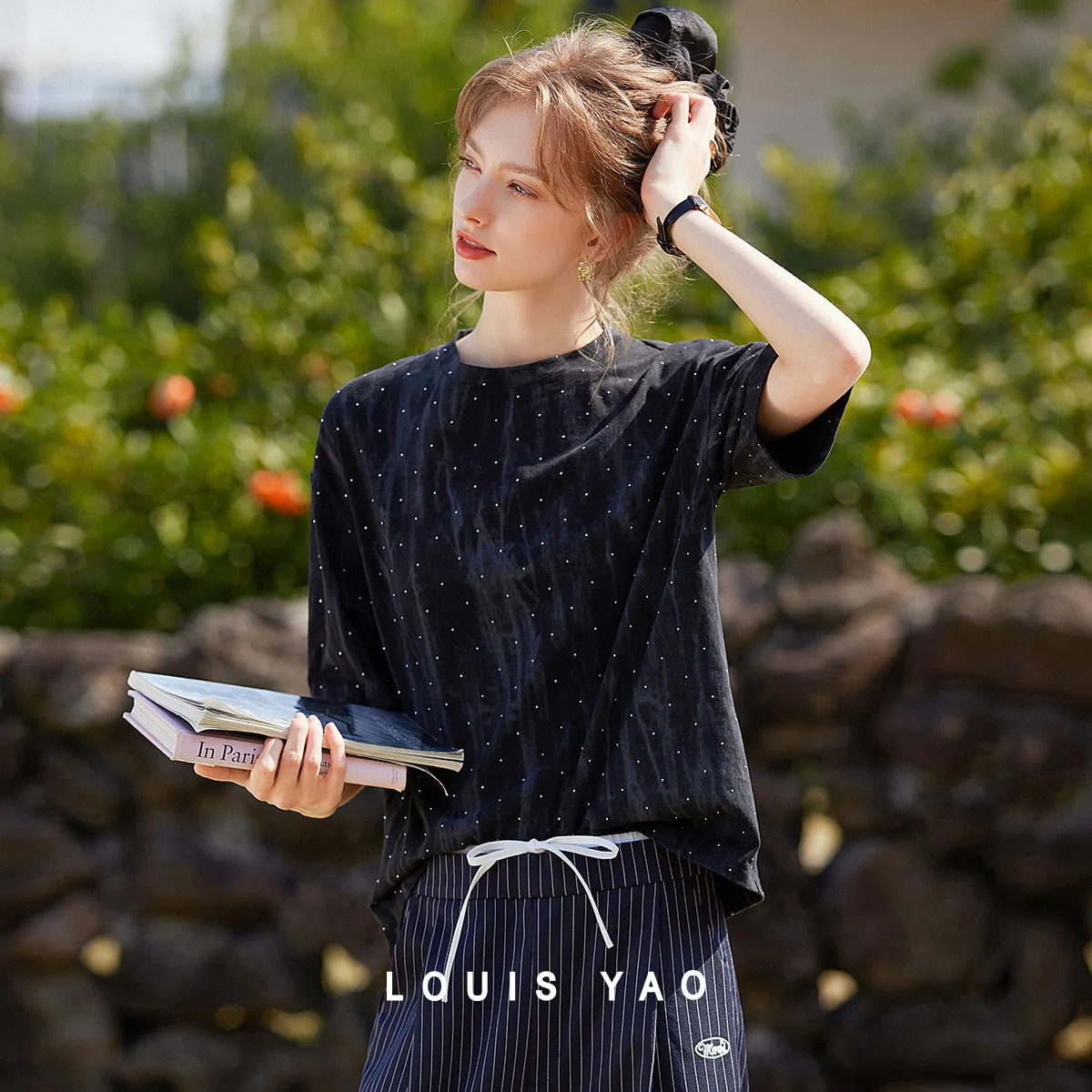 LOUIS YAO Women's T-shirt 2025 Summer Casual Round Neck Color-Contrasting Loose Short Sleeve Textured Layered T-shirt