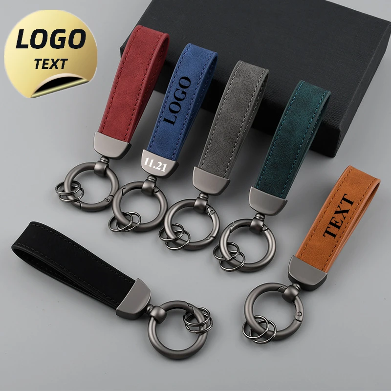 Customized LOGO Keychain Blank Leather Personalized Key Chains Vintage Laser Engrave Car Keyring  Holder for Men and Women Gift