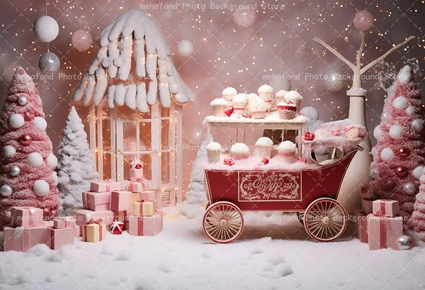 Mehofond التصوير خلفية الشتاء هدية الكريسماس بالون أحمر كريم كعكة الوردي الجدول الاطفال الأسرة صورة خلفية ديكور