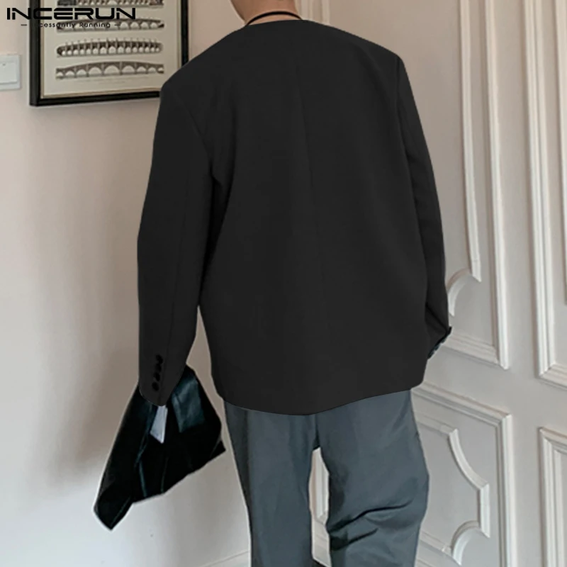 INCERUN Männer Blazer Einfarbig V-ausschnitt Langarm Mode Lässig Anzug Männer Streetwear Lose Koreanischen Stil Freizeit Männlich Dünne Mäntel