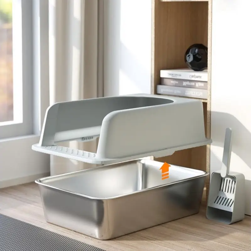 Stainless Steel Cat Litter Box Oversized Semi-enclosed Easy To Clean Thickened Integrated Cat Litter Scoop