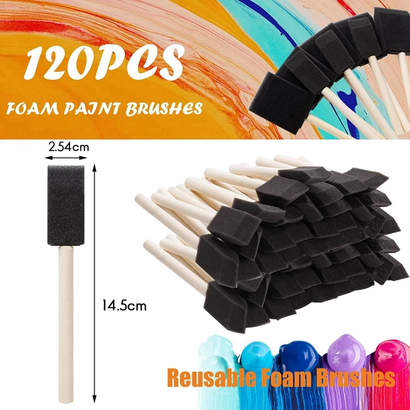 2025 New 120 Pcs Foam Paint Brushes, 1 Inch Foam Brush With Wood Handle, Bulk Sponge Brushes For Painting, Foam Art Paintbrushes