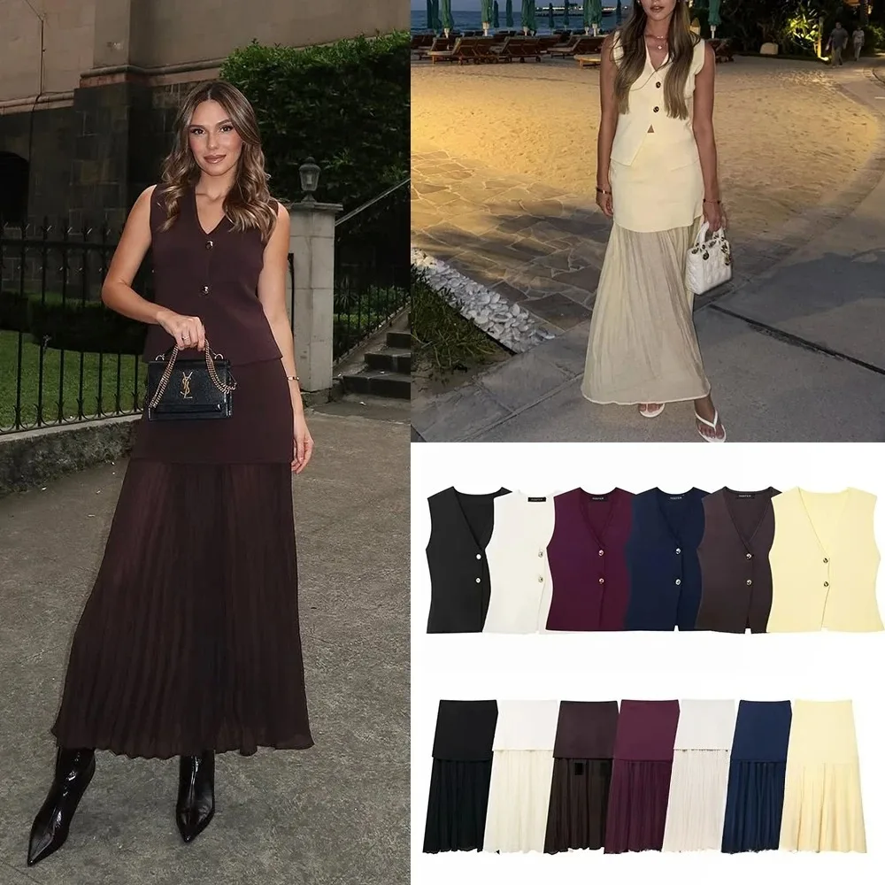 KONDALA Abito lavorato a maglia da donna vintage chic con scollo a V senza maniche Top dritto gonna lunga impiombata Moda 2025 Abito primaverile