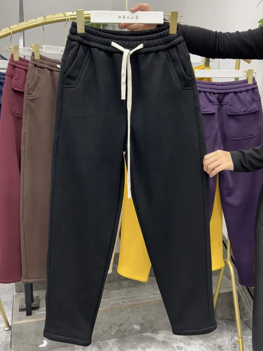 

Зимние брюки-морковки на флисовой подкладке с завязками, скрывающие недостатки фигуры, универсальные, больших размеров, для полных женщин, брюки-харлан, 88 см, повседневная спортивная одежда