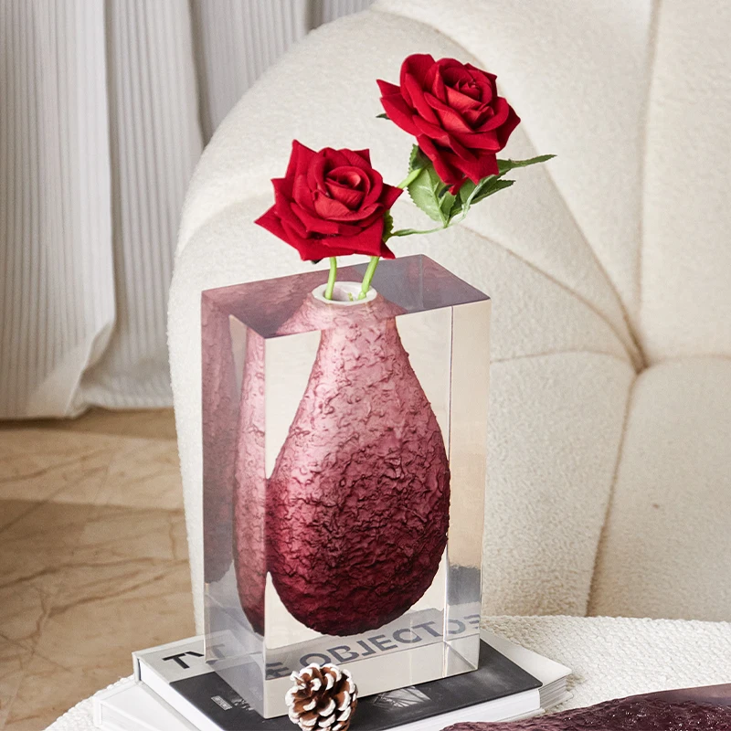 Modern Elegant Style Resin Creative Transparent Red Flower Pot Vase For Home Decor Vase Set