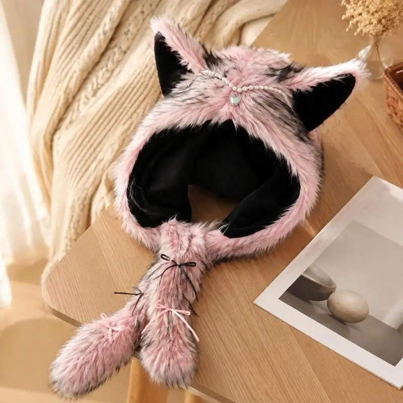 Lined Plush Winter Earflap Hat with 3D Cats Ear, Brimless and Decorative Chain and Charm Features for Winter Y08E