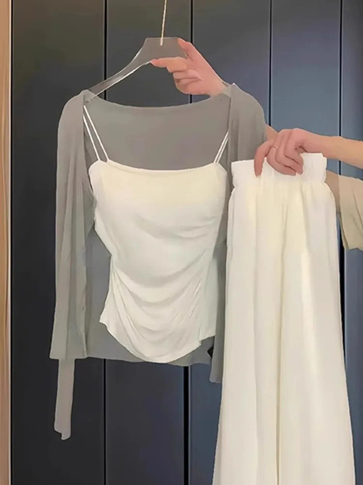 Ensemble t-shirt coréen Sle blanc Strapl Dr femmes été longue taille couchée Dr trajet couleur Pure taille haute