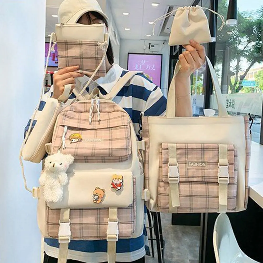 Sac à dos à carreaux de grande capacité, mignon, Style coréen Y2K, sac à bandoulière en toile à bretelles réglables, sac d'école pour étudiants, 5 pièces/ensemble