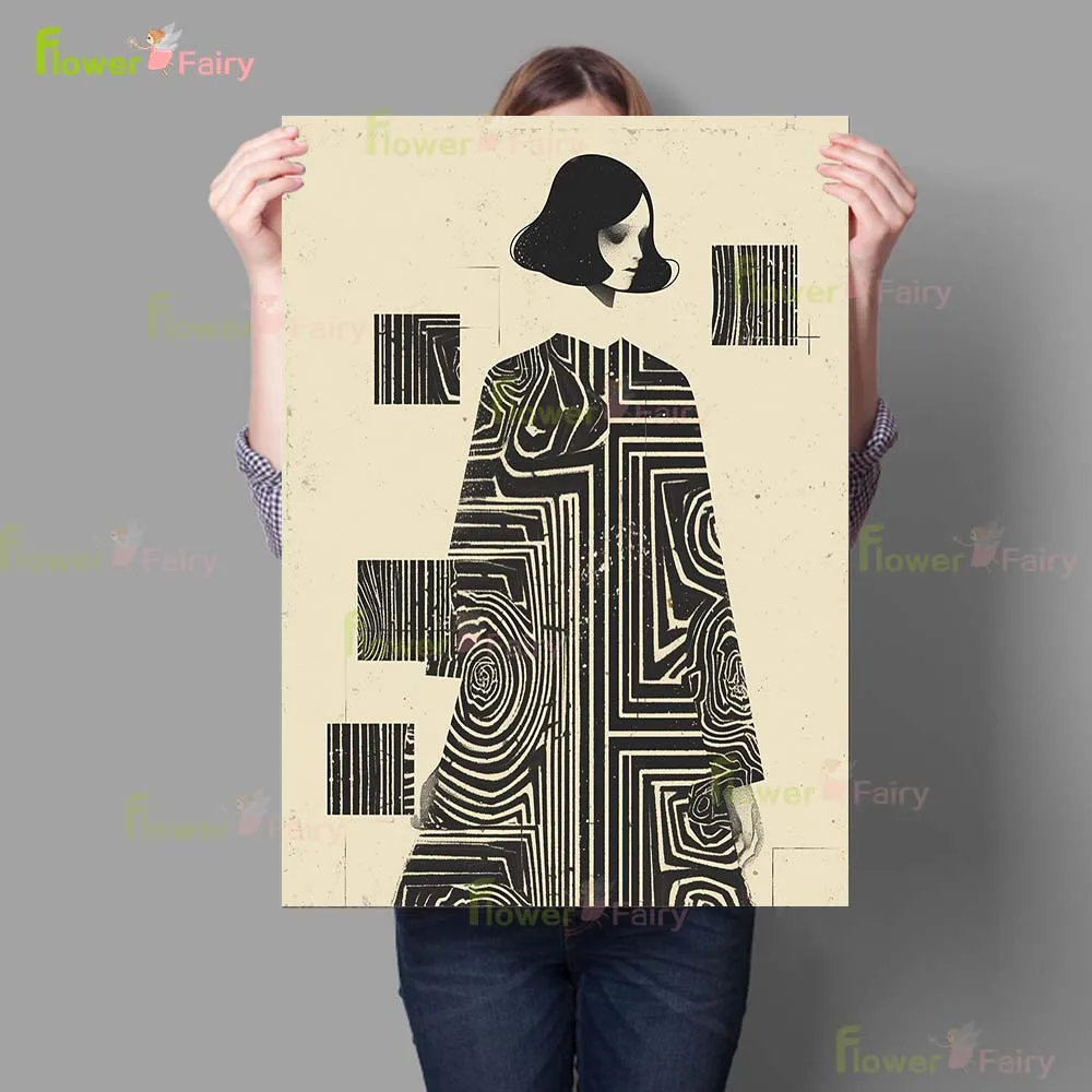Vintage Girl Woman Portrait Stripe Lines Poster Wall Art Canvas Painting Home Decor Wall Pictures For Living Room Unframed