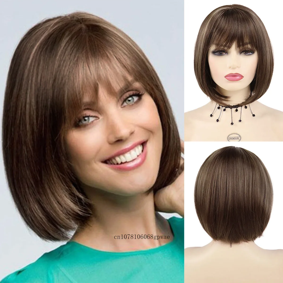 

Mix Brown Highlight Wigs for Women Short Bob Wig with Bangs Natural Soft Straight Hair Heat Resistant Daily Cosplay Halloween