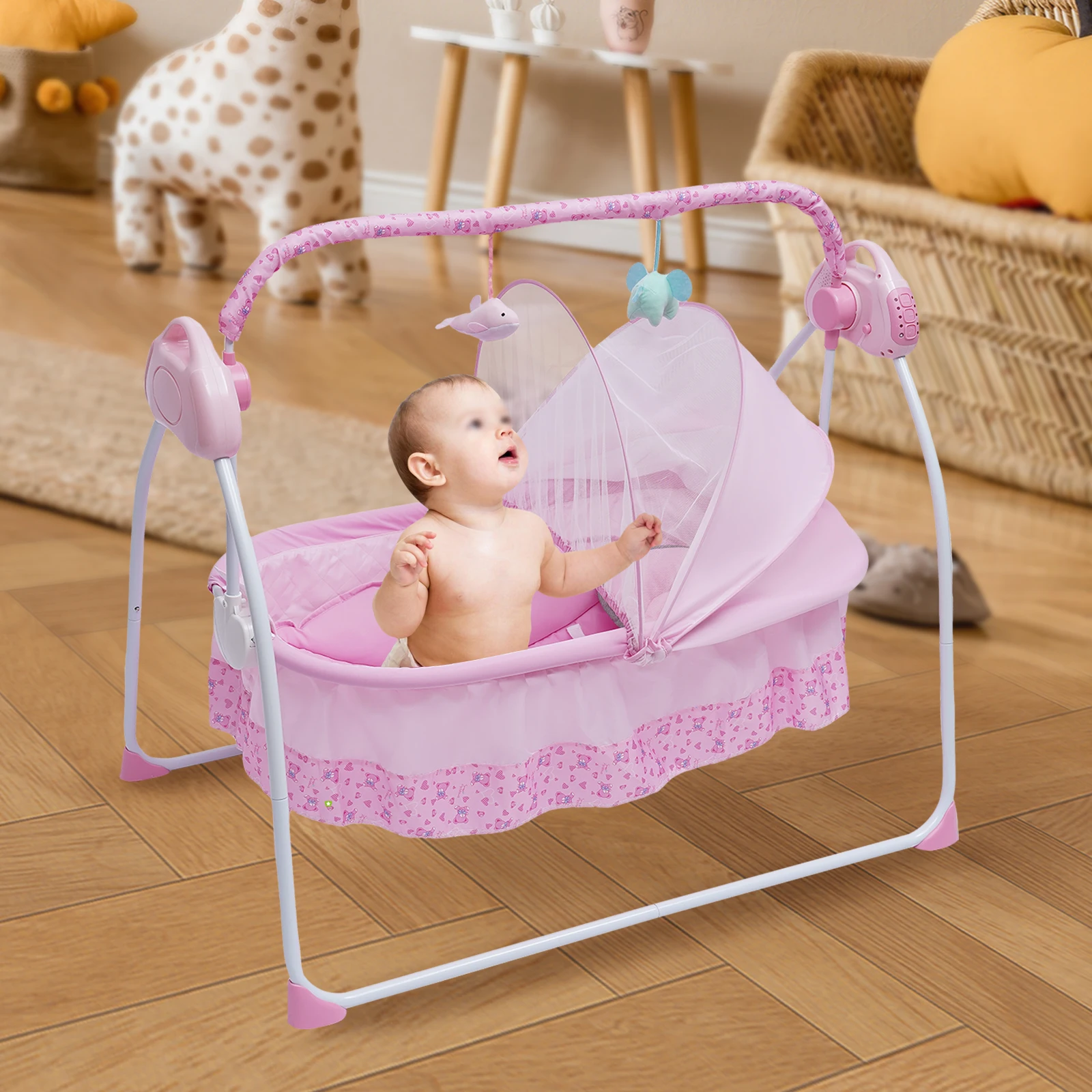 BYMAOCAR 5-versnellingen elektrische babybedje wieg Bluetooth Auto-Swing schommelstoel wieg slaapbed babywip + netto verstelbare kinderkamer