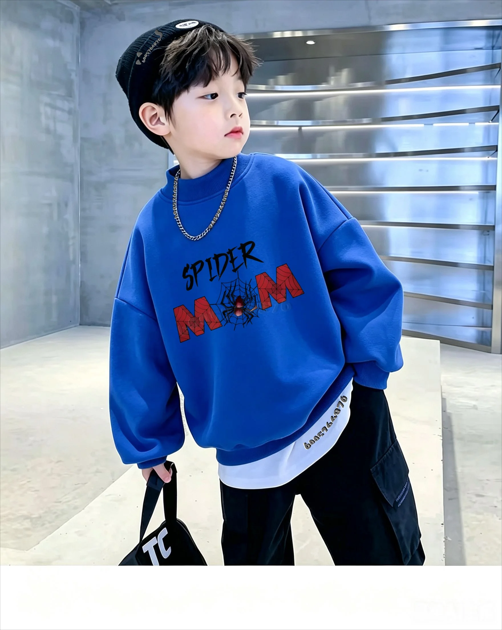 Latest children's fall-winter fleece pullover with round neck.Trendy,spider-web letter print.Casual, soft and warm pullover top.