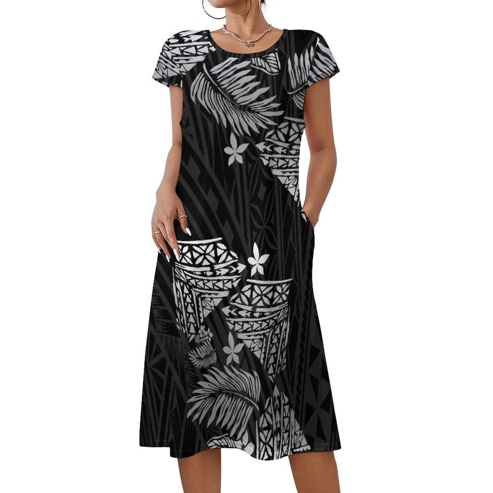Letnia sukienka damska bez rękawów z krótkim rękawem, luźna, szyta na miarę, z polinezyjskim wzorem tribalnym i kwiatowym.