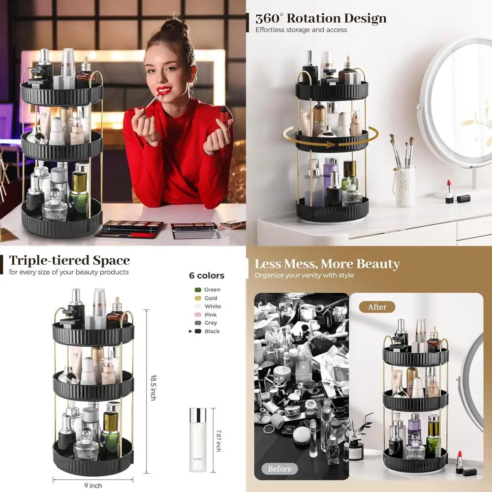 

Large 3-Tier Black Spinning Makeup Vanity Organizer for Bathroom, Holds Cosmetics, Skincare, and Lipsticks