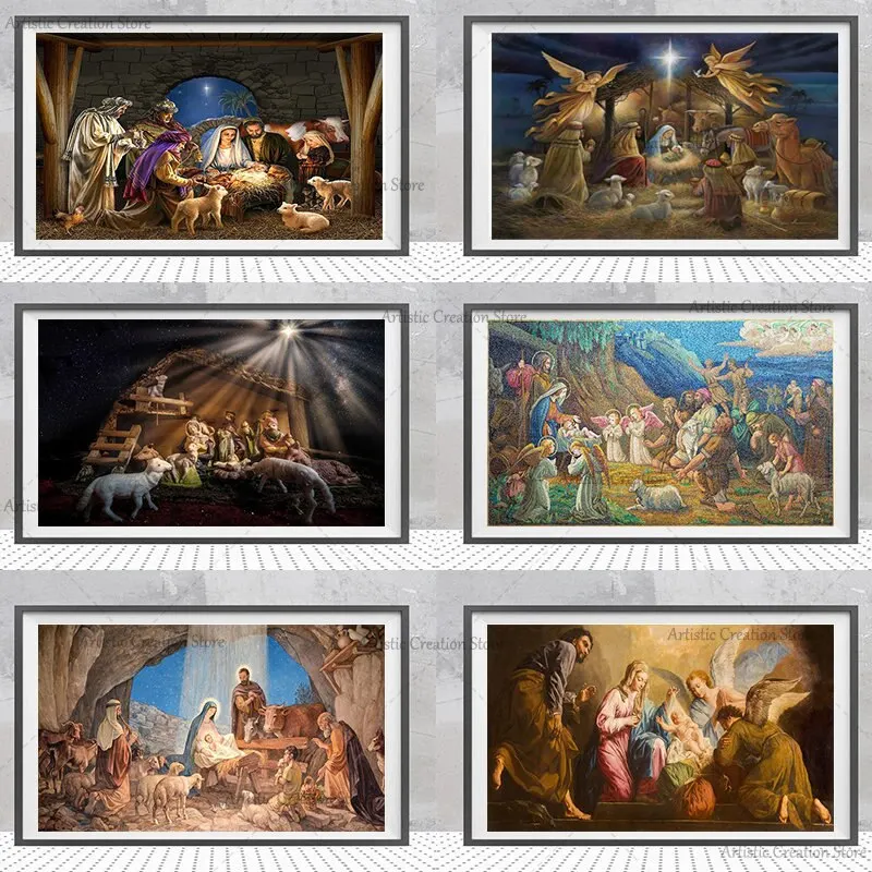 Christmas Nativity Scene Canvas Print  Jesus Birth with Sheep Wall Art for Home  Church Decor