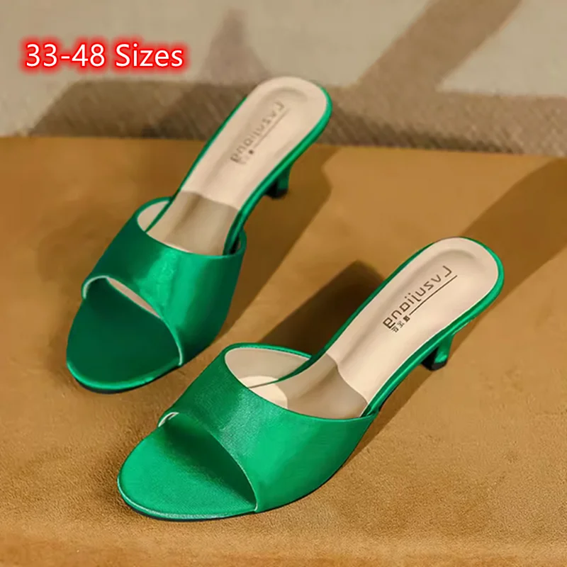 Women Solid Silk Slides Mules Med Thin Heels 6cm Slippers Front Open Toe Shoes In Green Pinkish Red Sexy Summer Pumps 32-45 27cm