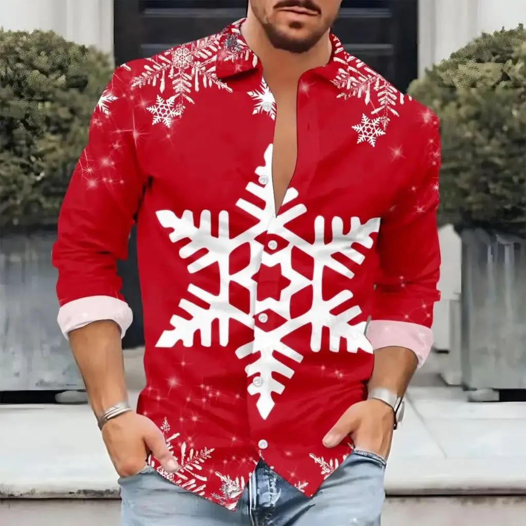 

Snowflake Hawaiian Red Shirts Men New Year Fashion Christmas Long Sleeve Fishing Beach Blouse Single Breasted Camisas Beachwear