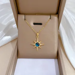 Gorgeous Vintage Sun Planet Copper Inlaid Zirconia Pendant Fashion Boho Style Stainless Steel Chain Women's Fine Jewelry Gift