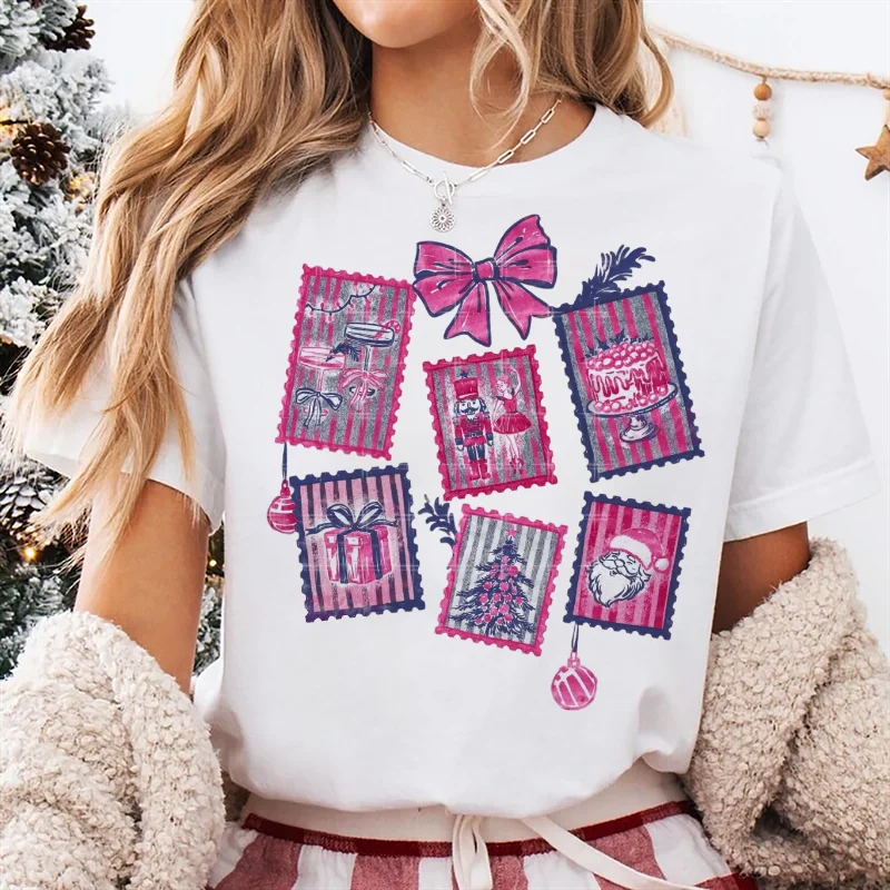 

Bow Style Printed Christmas Stamp Pattern Women's Cute and Fun T-Shirt Cartoon Style Women's Top Round Neck Casual T-Shirt
