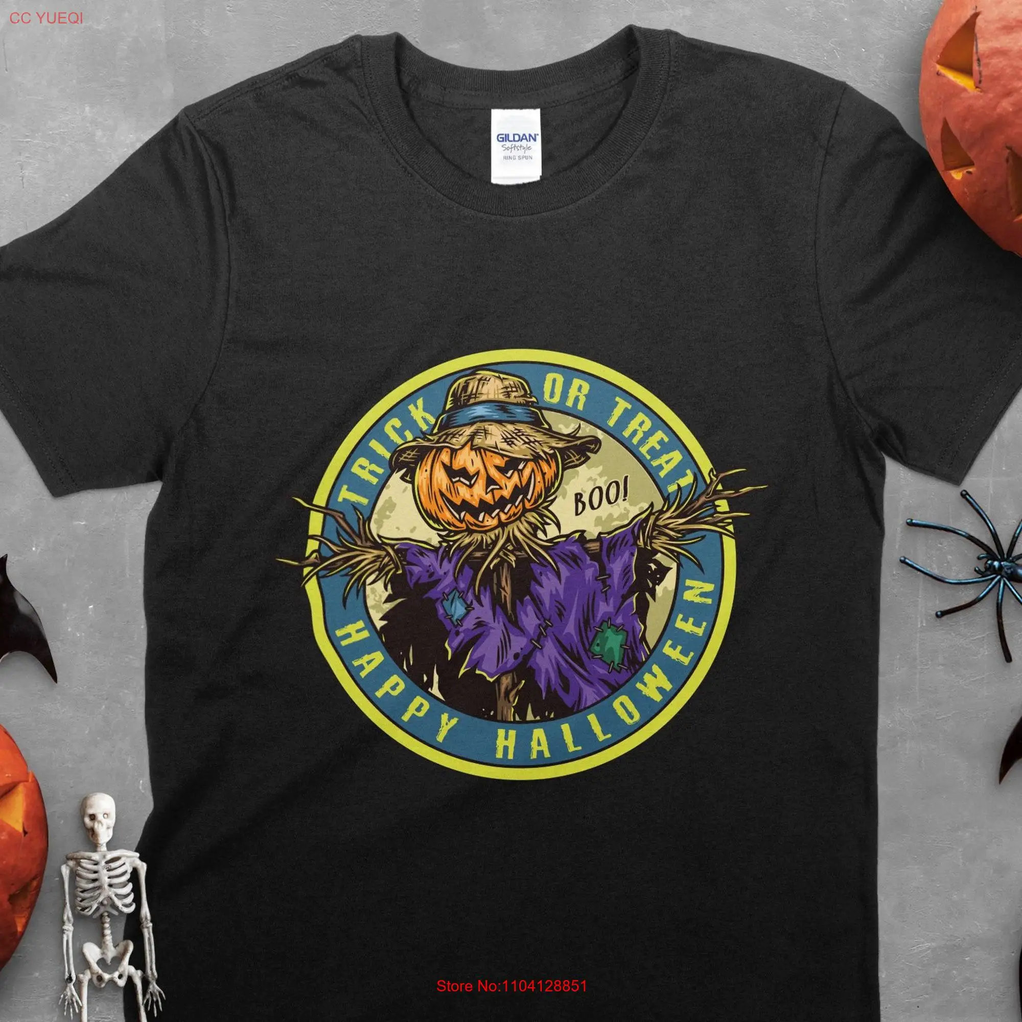 trick or treat scarecrow Men's Spooky T Shirt Halloween Urban Streetwear for Him Present long or short sleeves