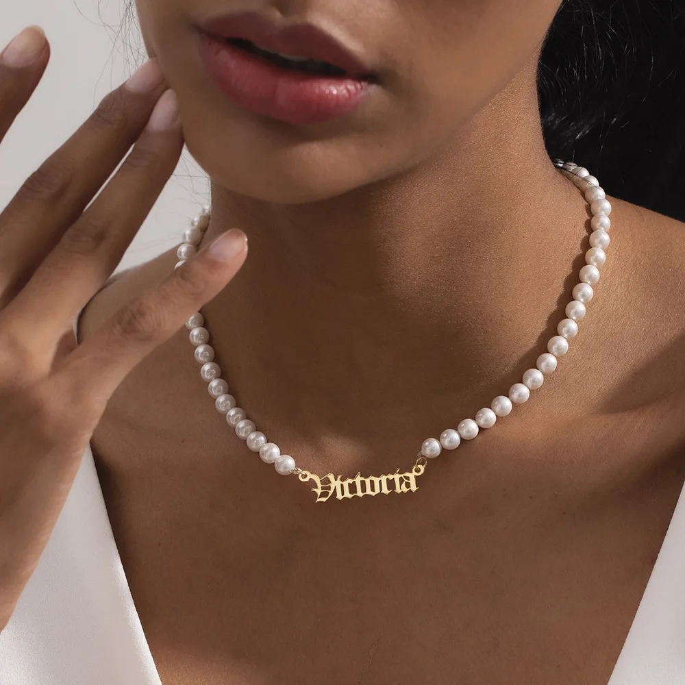 Ladies Custom Name Necklace Pearl Chain Elegant Nameplate Personalized Stainless Steel Jewelry Women Beaded Chain Mom Gift