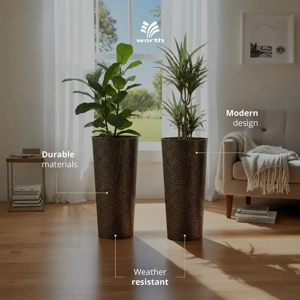 Set of 2, 25 Tall Slim Metal Planters with Inner Pots, Suitable for Indoor or Outdoor Use, Deck, Patio, Porch, Bronze Finish