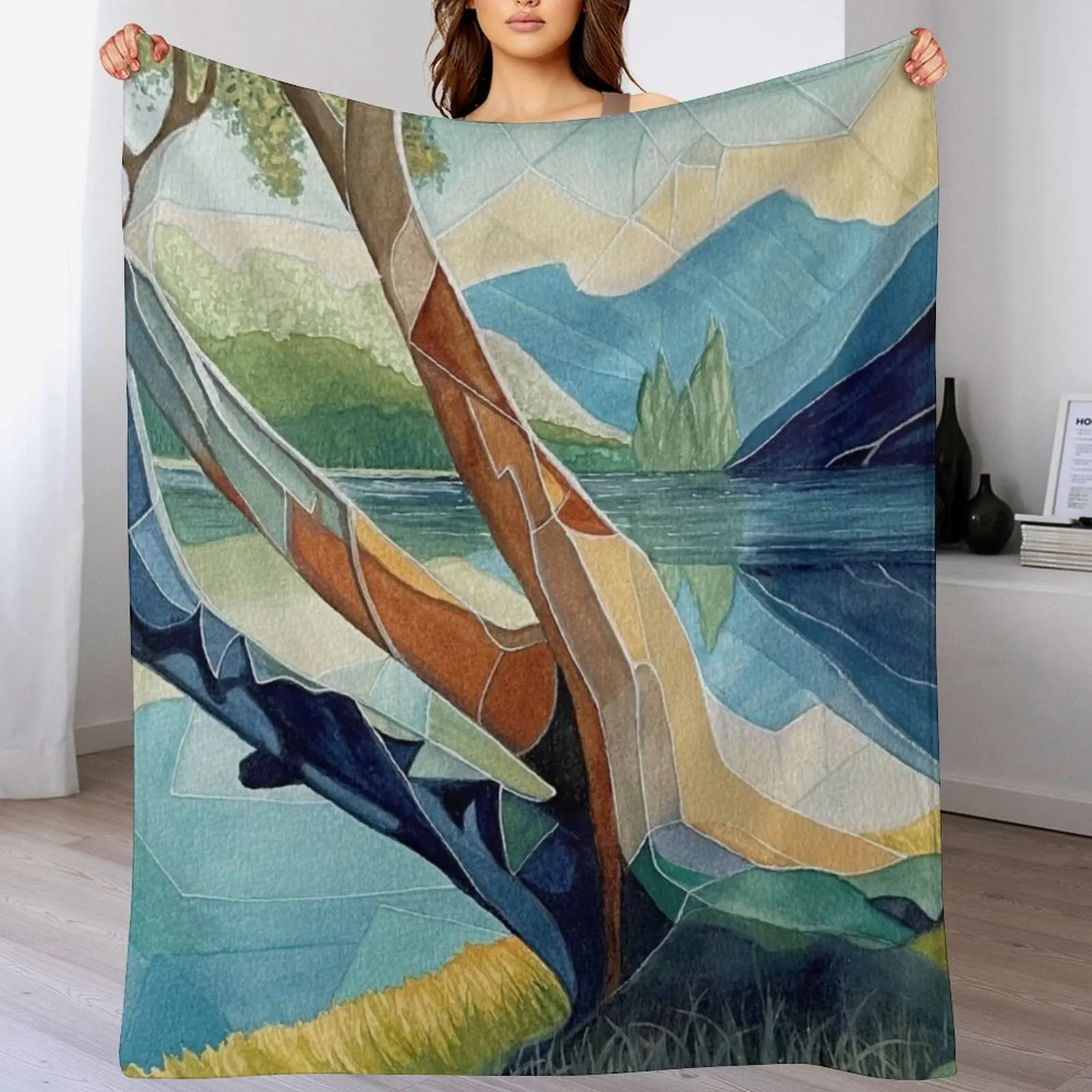 Abstract watercolour of an old gum tree and mountains reflected on the river Throw Blanket Bed Fashionable Luxury Plaid Blankets
