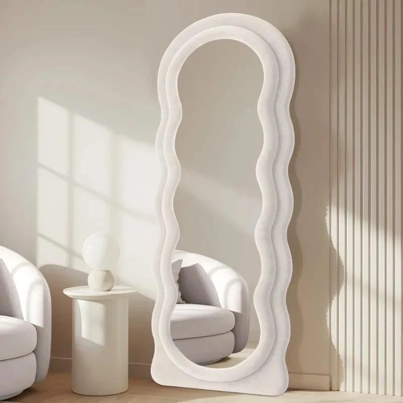 Full Length Mirror 63x24 Arched Wavy Full Body Wall Mounted Floor Mirror with Stand Ivory Flannel Frame Leaning Hanging