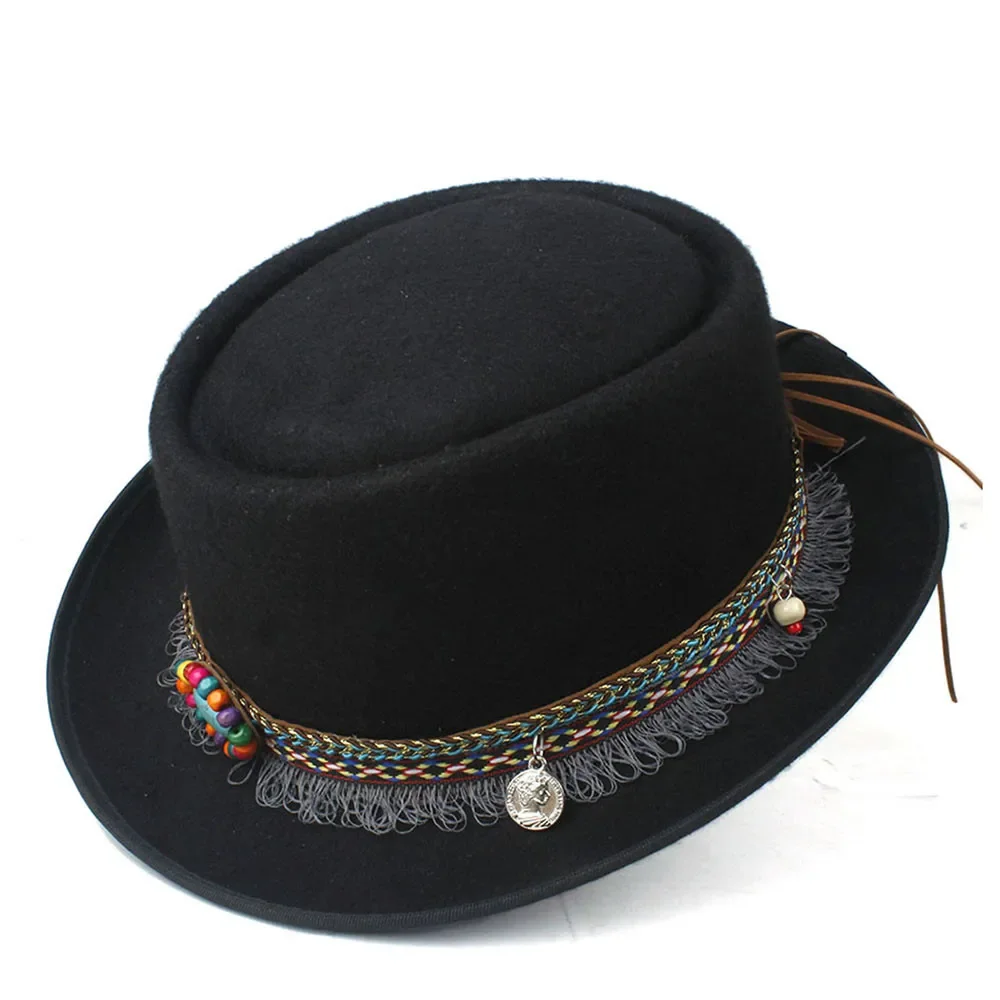 

Fashion Women Pork Pie Hat with Tassel Ribbon Church Trilby Lady Fascinator Hat Size 58CM