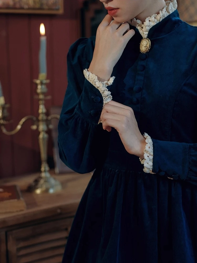 84-92 سنتيمتر تمثال نصفي خريف شتاء فساتين طويلة للنساء الفرنسية خمر أنيقة سليم المحكمة فستان الدانتيل الوقوف طوق القطن سروال قصير #3