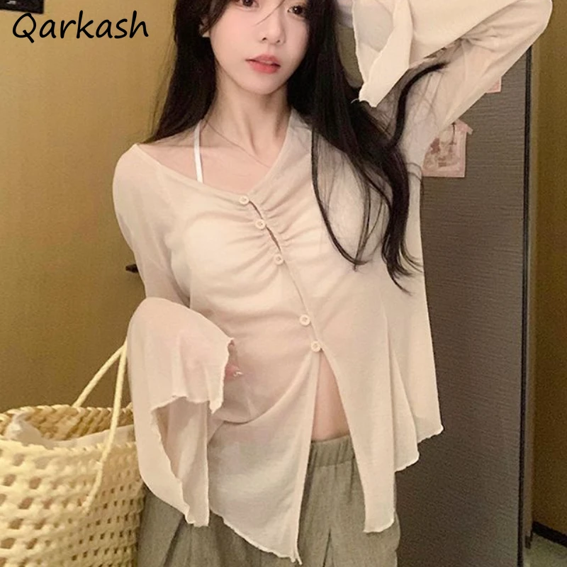 

Sunscreen Jackets Women Irregular Ruffles Aesthetic See-through Summer Tender Clothing Flare Sleeve Lady Temper Vintage Thin New