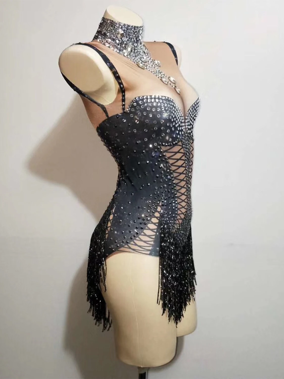 Body sin mangas con diamantes brillantes para mujer, trajes de baile para cantante de DJ, leotardo negro brillante con borlas, traje Nigthclub