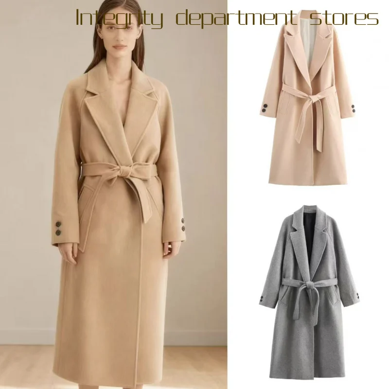 

Casual Cotton Jaet Loose Stand Collar Belted Waist ular Sle Pure Color Long Sve Coat for Middle-Aged Women