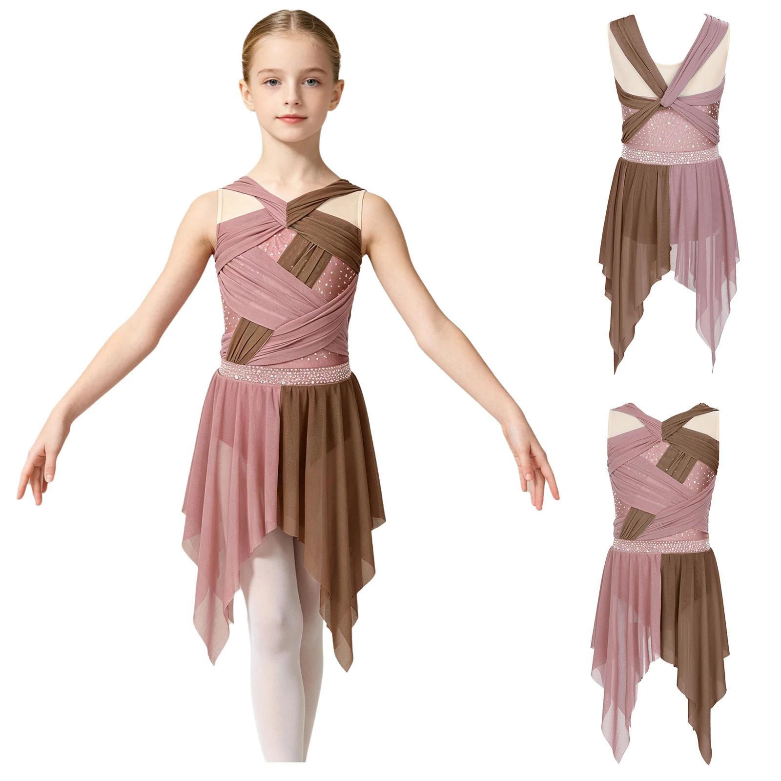 Girls Modern Lyrical Dance Dress Shiny Rhinestone Figure Skating Ballet Gymnastics Acrobatics Leotard Dress Performance Costume