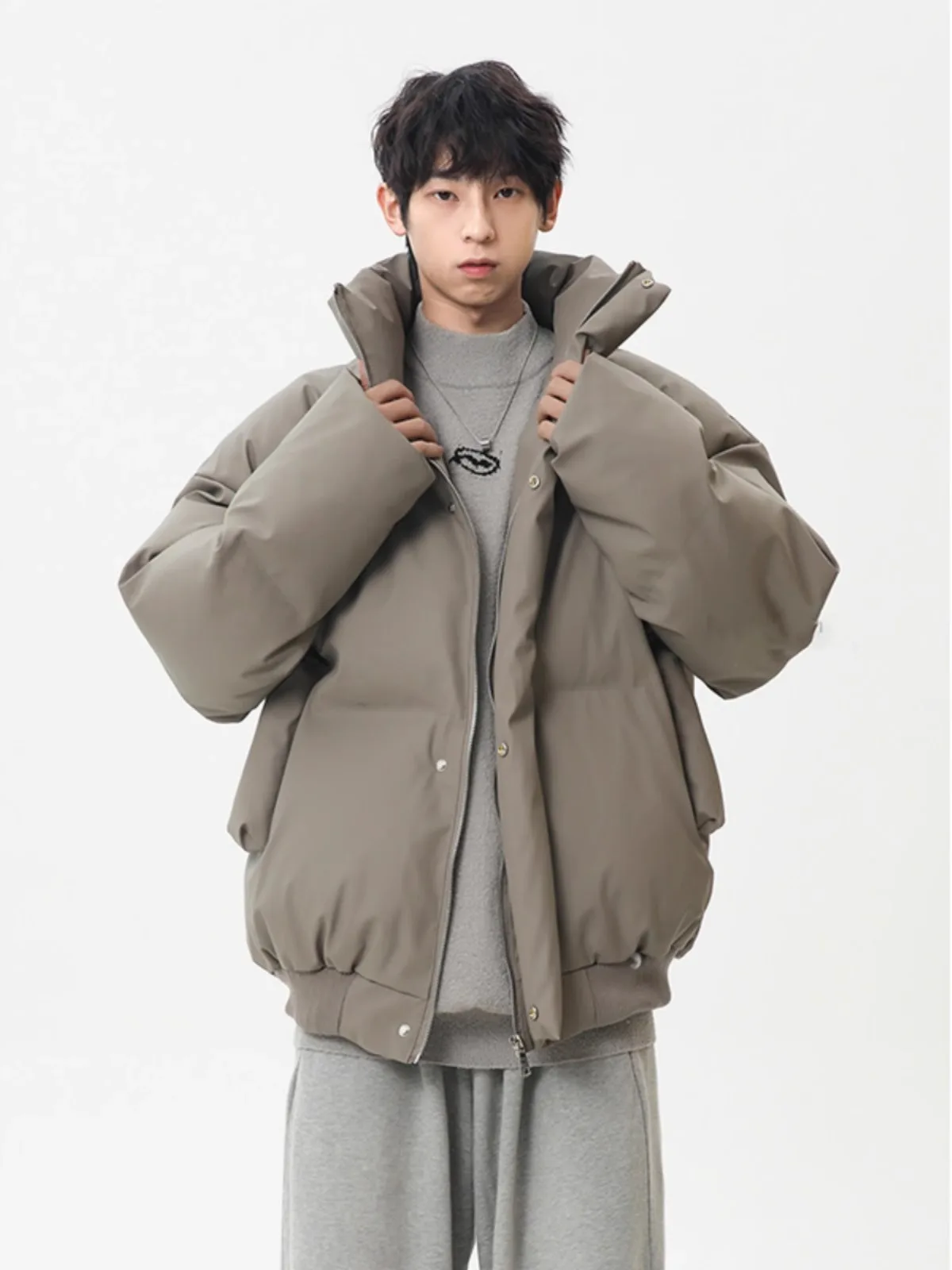 

American Sle ort PU Leather down Jaet Men Winter Faion Teens Thiened Stand Collar Bread Sle Warm Outerwear