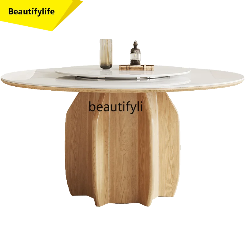 

X188 Log Cream Style Stone Plate round Table Household round Dining Table Ash Solid Wood round Table with Turntable