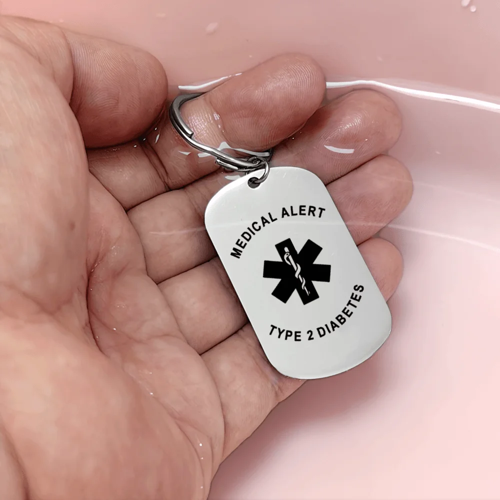 여성을위한 개인화 된 의료 경고 키 체인 남성 스테인레스 스틸 의료 ID 유형 2 당뇨병 맞춤 이름 열쇠 고리 환자 선물