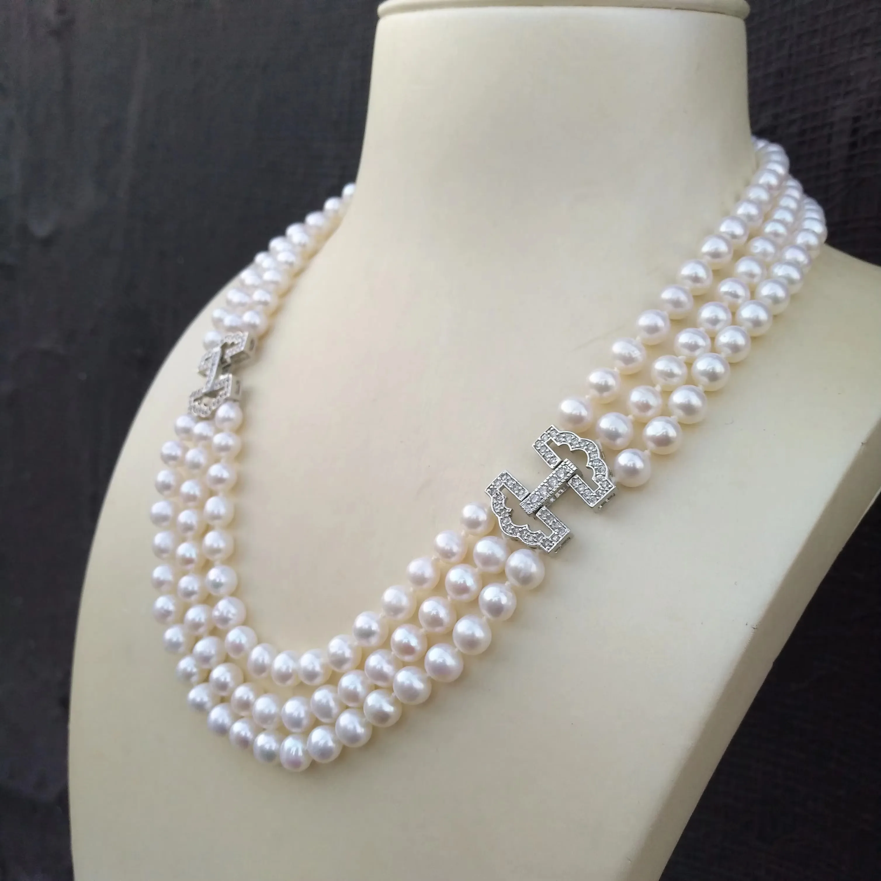 3-Row Pearl Necklace AAAA 7-8mm White Akoya Natural Round Pearl Item 925s 18.19.20inch