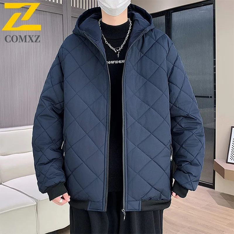

COMXZ 2025 New Men Cotton Coat Hooded Fleece Lined Hiking Thickened Warm Padding Coat Loose Hooded Plus Size Parka Outerwear