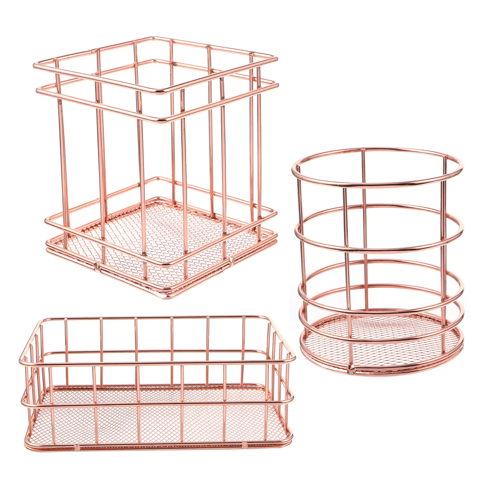 3Pcs Rose Gold Pen Container Stainless Steel Hollow-Carved Mesh Storage Basket Metal Organizer for Desktop Metal Basket