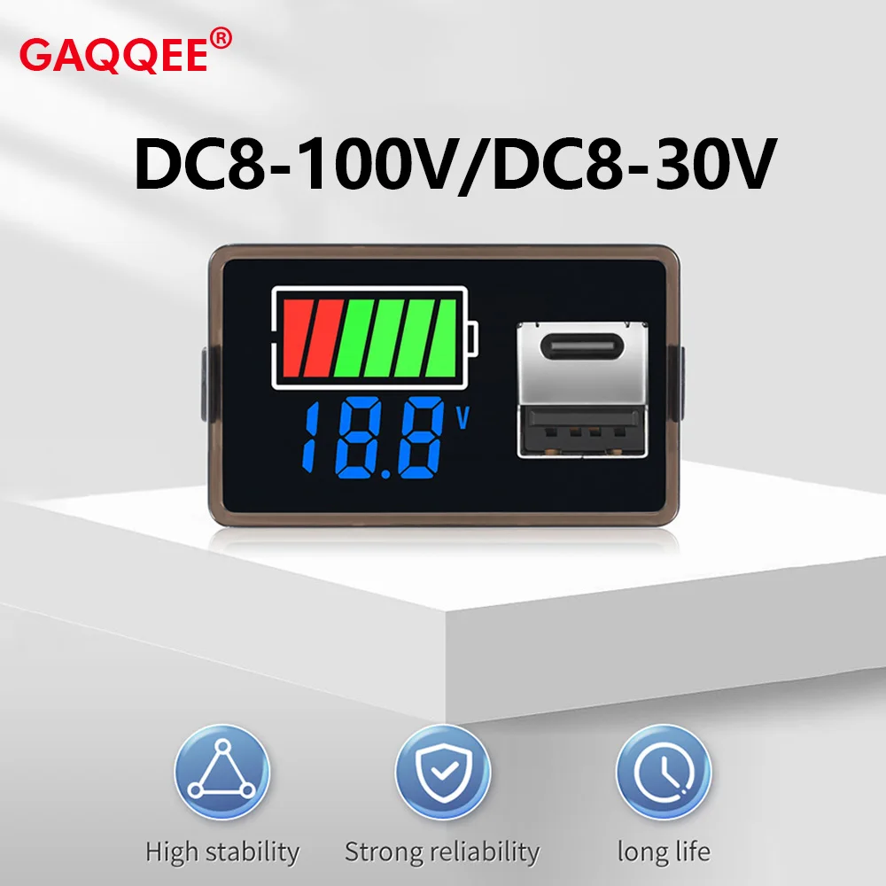 DC8-100V DC8-30V Battery Capacity Indicator USB Type-C  LED Digital Car Voltmeter Lithium Lead-acid Battery Charge Level Tester