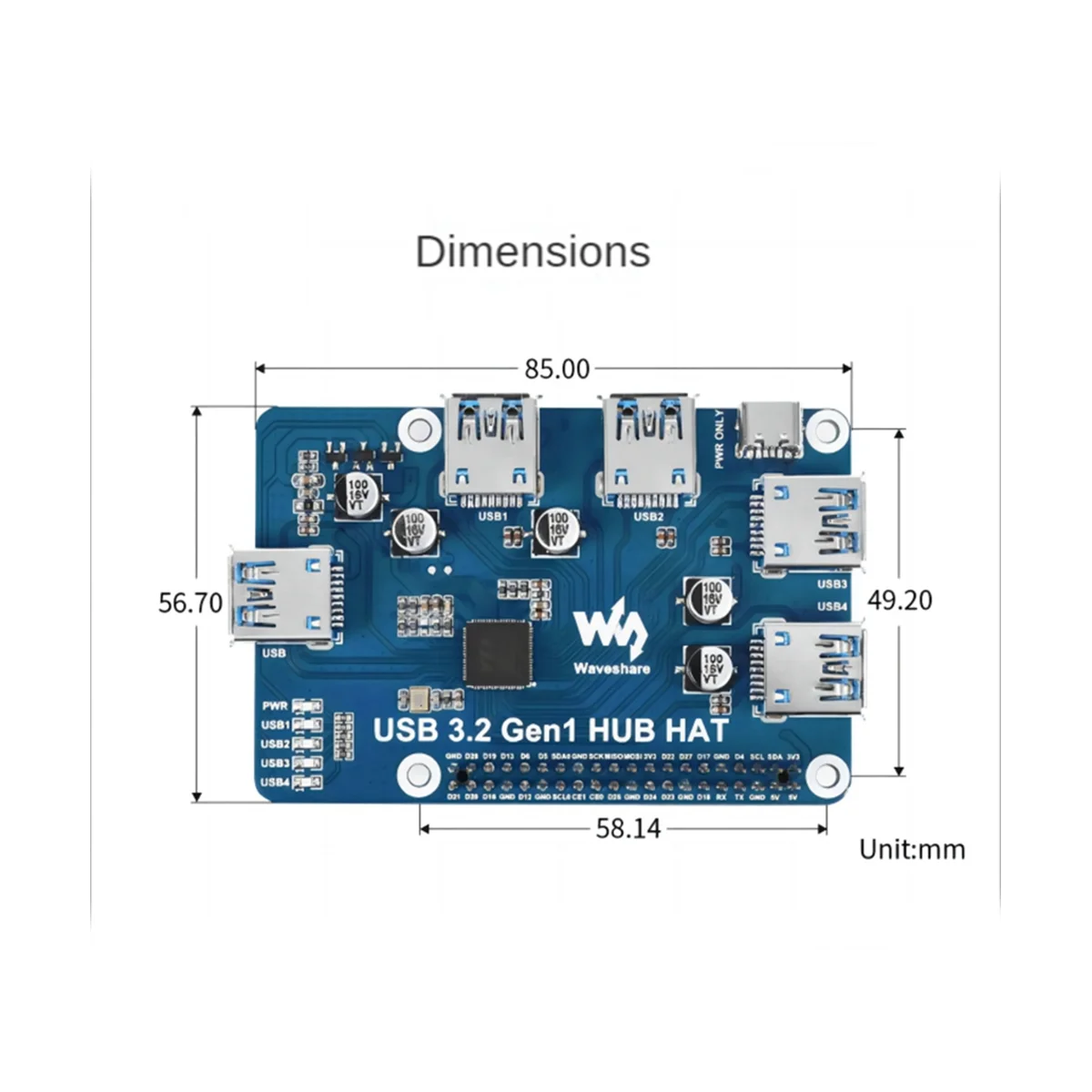 AT87-Waveshare USB 3.2 Gen1 HUB HAT for Raspberry Pi 4B 3B+ 3B 2B Zero W WH,4-Channel USB 3.0 Expansion Port, Driver-Free Plug&P