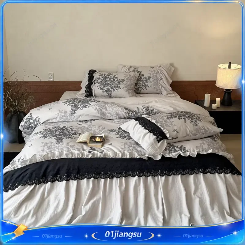 Vintage Floral Print Lace Ruffles 100% Cotton Double Layer Yarn Bedding Set Duvet Cover Flat Fitted Sheet Pillowcases 4pcs