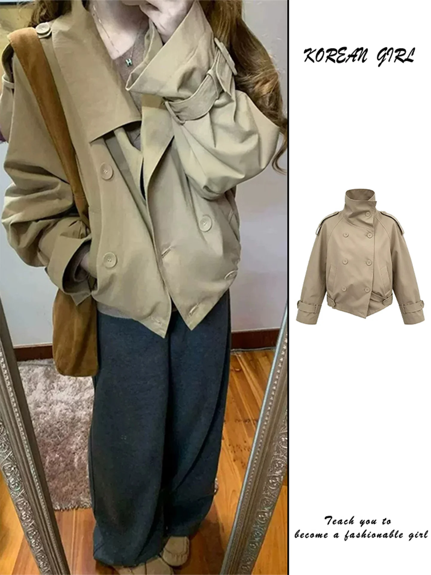 Chaqueta Corta Color Caqui para Mujer, Estilo Casual Coreano, Chaqueta de Primavera/Otoño, Cálida y de Corte Estándar