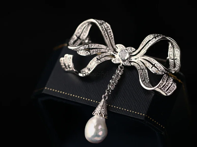 Zircon Bow Brooch, Pearl Pendant, High-End Corsage