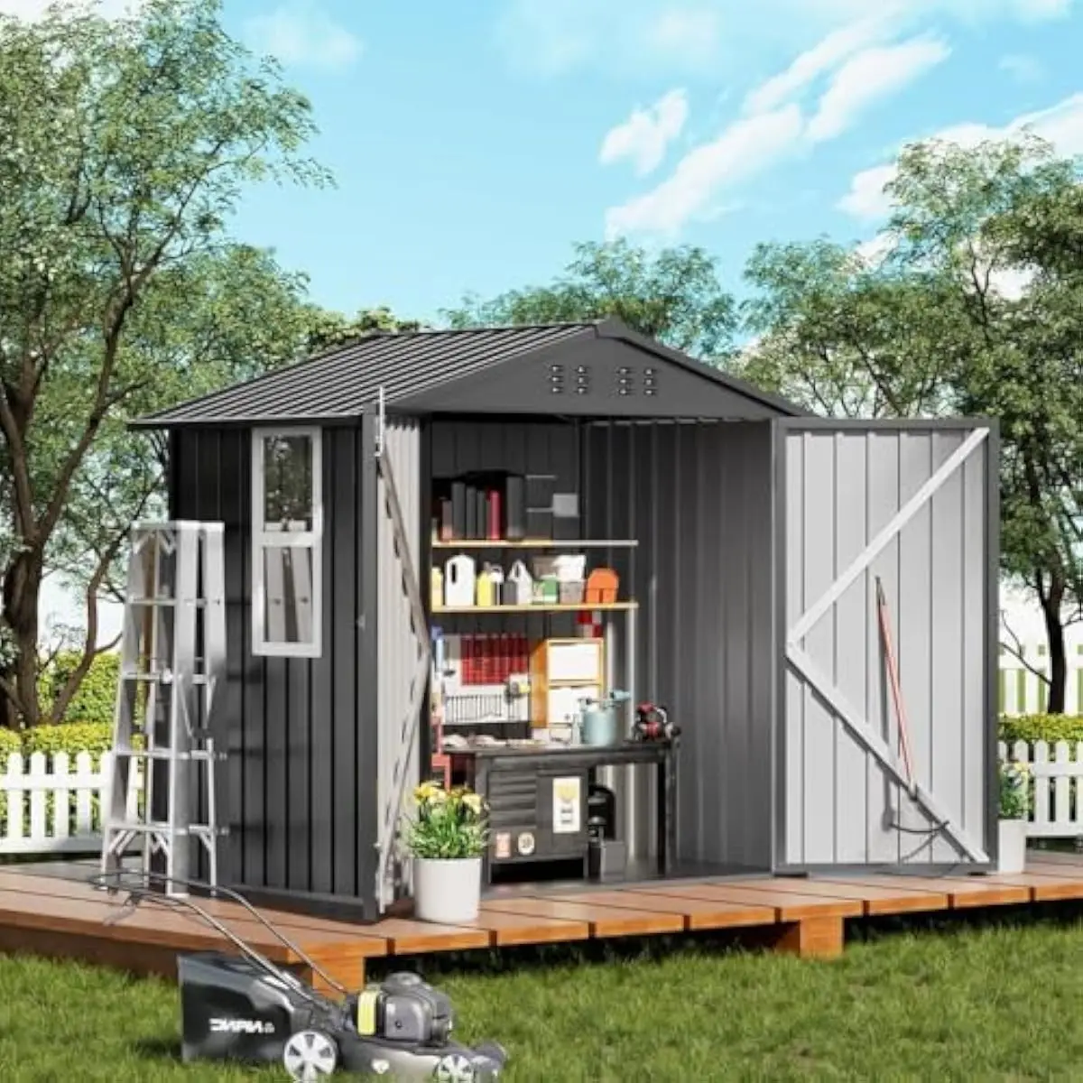 Weatherproof Galvanized Steel Shed with Window and Ventilation for Garden Tools Lawn Mower Storage Secure Double Doors Durable B