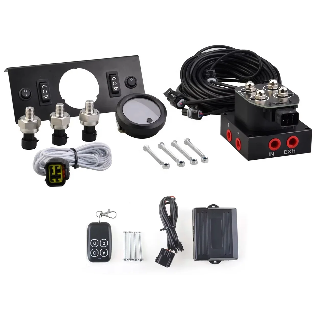 Universal 12v Air Ride Suspension Manifold Valve with Remote Controller 0-200psi and Red Display Air Pressure Gauge