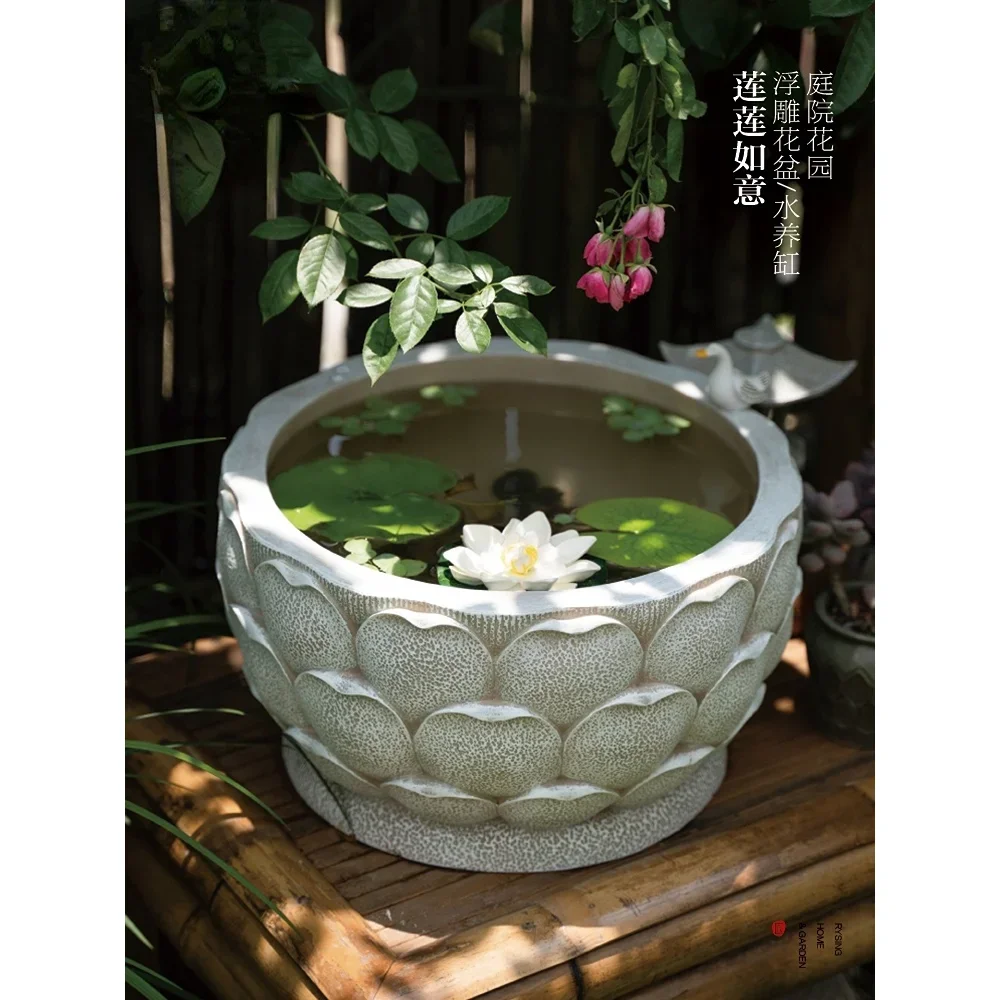 Balcony Landscape Chinese Lotus Flower Pot Outdoor Courtyard Garden Landscape Retro Cylinder Creative Art Decoration