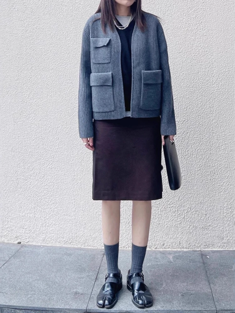 

Вязаный кардиган из мериносовой шерсти в рубчик с длинными рукавами, повседневная куртка в стиле спецодежды